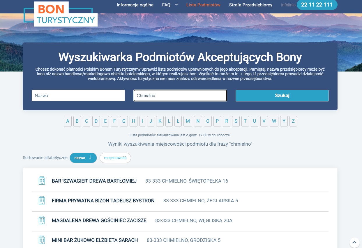 Wyszukiwarka hoteli i pensjonatów. Kliknij, aby przejść. fot. screen z: https://bonturystyczny.polska.travel/lista-podmiotow